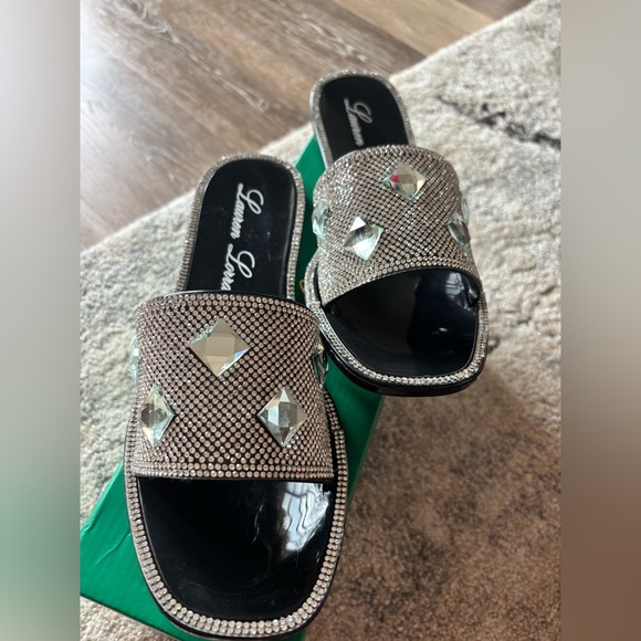 Lauren Lorraine Black Rhinestone Slide Sandals - Picture 2 of 7